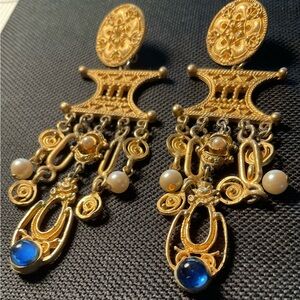 Ornate Gold and Blue Chandelier Earrings